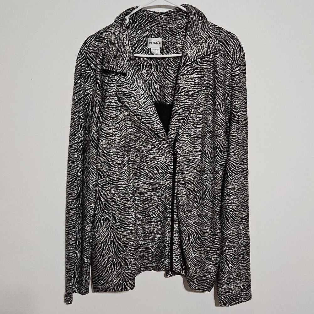 Chico's Jacket Sz 3 US XL Zebra‎ Black Metallic Silver Zip Stretch Pockets